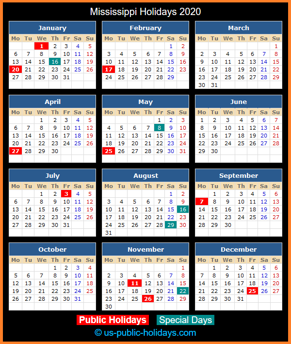 Mississippi Holiday Calendar 2020
